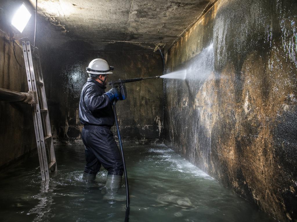 Pressure washing the inside of an underground sump