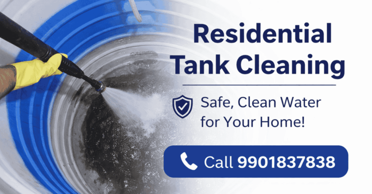 Residential tank cleaning service showing professional technician cleaning a home water tank using high pressure jet for safe and hygienic water